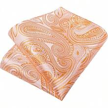 Conjunto de corbata de seda con estampado floral, incluye pinza de corbata, pañuelo y gemelos - Coral Paisley - Ver 6