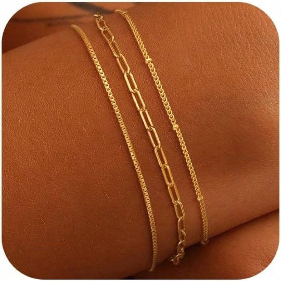 MBW Gold Bracelets Women, Dainty 14K Gold Plated Bracelet Stack Beaded Chain Bracelet Set Thin Small Cute Paperclip Bracelets Fashion Waterproof Jewelry Gold Accessories Women - Style6 - 查看 1