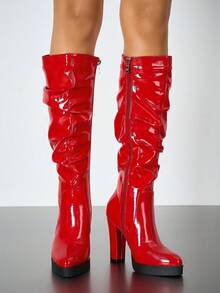 Women's Autumn/Winter Fashion Comfortable New High Shaft Rider High Platform Side Zipper Thick Heel Boots, Elegant & Minimalist - Red - View 2
