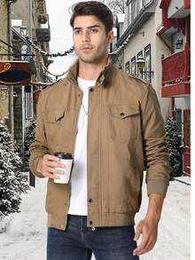 Men's Loose-Fitting Winter Coat With Flap Pockets, Lined With Thick Wool, A Classic And Warm Jacket. - 卡其色 - 查看 5