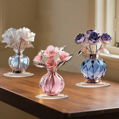 1/3件套水晶花朵摆件，2D平面桌面装饰品，趣味多功能亚克力牌匾，家居/宿舍桌面配件，装饰礼品。