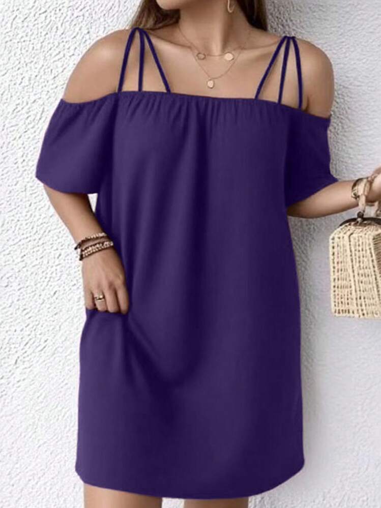 Plus Size Women's Solid Color Off-Shoulder Short Sleeve Loose Casual Dress Elegant Summer - Purple - View 4