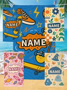1 件 26*18 英寸定制沙滩巾，带有魔法、太空、糖果、运动、自然、海洋图案，以独特字体印有个性化名称，适合夏季旅行、海滩旅行、日光浴、防风 - 彩色 - 查看 1
