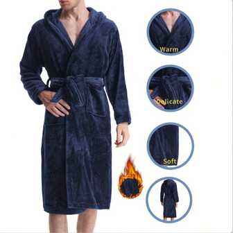 1pc Flannel Hooded Bathrobe - Comfortable Thick Flannel Clothes For Men And Women, Machine Washable - Sizes L To 2XL Autumn And Winter Flannel Nightgowns For Men And Women, Thick And Enlarged Coral Fleece Couple Long Sleeved Bathrobe, Pajamas, Home Wear, Yukata