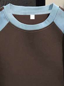 少女街头服饰数字图案 T 恤，拼色短袖 T 恤，适合学校/运动 - 棕色 - 查看 5