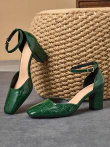 WHDXY 1 Pair Women's Square Toe Basic Solid Buckle Closure High Heel Pumps, Sexy 7CM Chunky Heel Office Lady Dress Shoes - Green - View 2