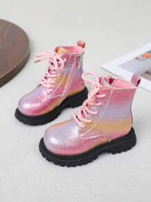 1 Pair Girls Rainbow Glitter Side Zipper Round Toe Thick Sole Cute Fashion Boots, Soft & Comfortable, Suitable For 2-15 Years Old Boys & Girls, Indoor & Outdoor Wear, Versatile For All Seasons And Occasions