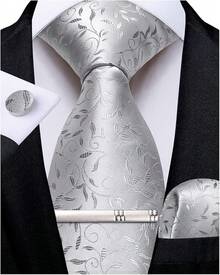 Silk Floral Necktie Set With Tie Clip, Handkerchief & Cufflinks - Silver Flolral - View 1