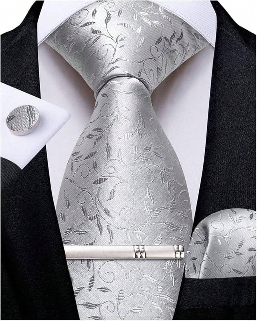 Silk Floral Necktie Set With Tie Clip, Handkerchief & Cufflinks - Silver Flolral - View 1