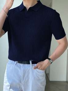 Polo de punto de manga corta con corte holgado y costillas finas para hombre ALTZTAR - Azul Marino - Ver 5