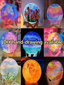 1 pieza Lámpara de estrella/luna pintada a mano DIY, luz nocturna personalizable con dibujos, pintura de color aleatorio - Blanco - Ver 7