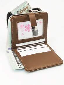 Carteira curta feminina de palha trançada, fecho de pressão em PU macio, porta-moedas multifuncional, porta-cartões, minimalista, leve, compacta e portátil, adequada para presentes de Natal para mulheres, carteira, carteira, carteira fofa - Castanho - Ver 2