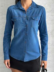 Women's Casual Denim Shirt, Solid Color, Front Button Pocket, Suitable For Daily Wear, Summer/Spring/Autumn/Winter - Blue - View 4