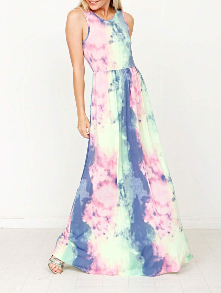 Retro Boho Woven Floral Pink Yellow Maxi Surplice Wrap Sah Dress Front Tie Flutter Sleeve - 粉紅色紮染 - 查看 1