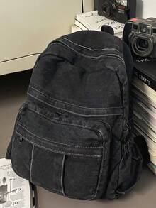 女士复古星形贴片装饰渐变牛仔布背包，Y2K 风格大容量户外旅行背包，轻便商务通勤工作笔记本电脑背包，适合高中生和大学生的校园返校书包 - 黑色 - 查看 3