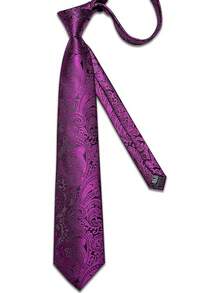 Silk Floral Necktie Set With Tie Clip, Handkerchief & Cufflinks - Magenta - View 3