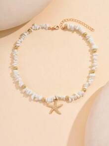 1pc Turquoise Beaded Necklace With Metal Starfish Pendant, Suitable For Women's Daily And Travel Wear - Multicolor - View 3