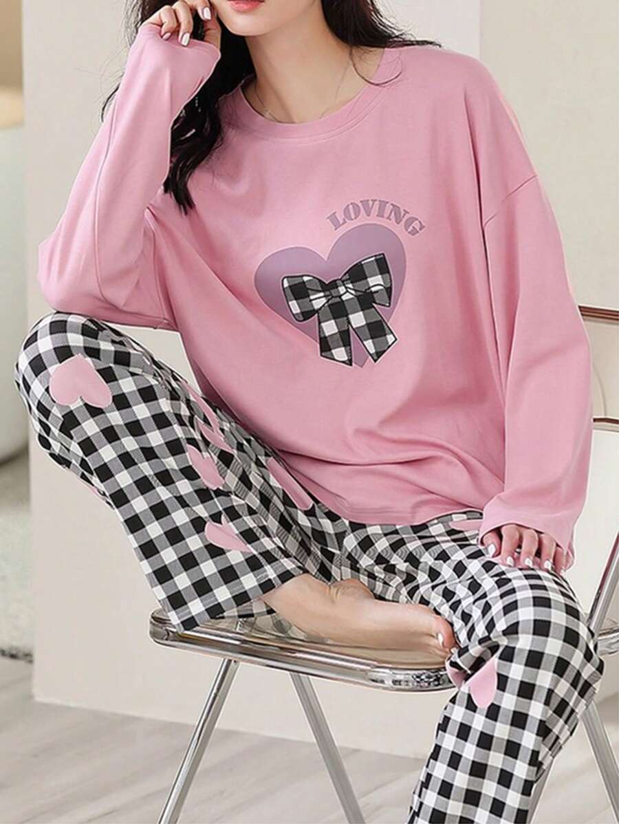 AICJ 两件套女士休闲格纹蝴蝶结爱心印花长袖上衣和长裤家居服套装，适合春、夏、秋、冬穿着，舒适保暖。 - 粉色 - 查看 1