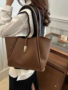 Bolso de mano de unicolor de PU de moda, bolso de hombro, bolso multifuncional, adecuado para compras de mujeres, ir al trabajo, estudiantes volviendo a la escuela y uso diario - Café integral - Ver 5