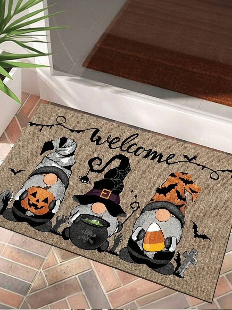 1pc Halloween Theme Bath Mat - Cute Elf And Pumpkin Design Carpet, Halloween Decor Rug, Absorbent Non-Slip Mat For Bathroom, Laundry Room, Entryway, Sink, Shower, Party, Washable Bathroom Doormat Suitable For Living Room, Bedroom, Kitchen, Various Occasions, Parties, Holidays, Gifts, Banquets