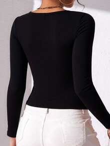 女士简约圆领长袖T恤，基础修身黑色款，适合春、秋、冬季穿着 - 黑色 - 查看 6