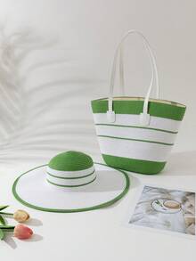 1 Piece Contrast Color Striped Straw Hat + 1 Piece Straw Bag - Green - View 17
