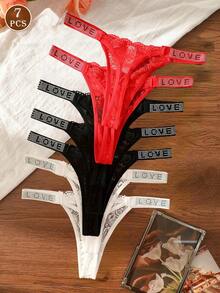 ROMWE Kawaii 7件套女士蕾丝花卉水钻字母装饰性感内衣丁字裤套装 - 彩色 - 查看 2