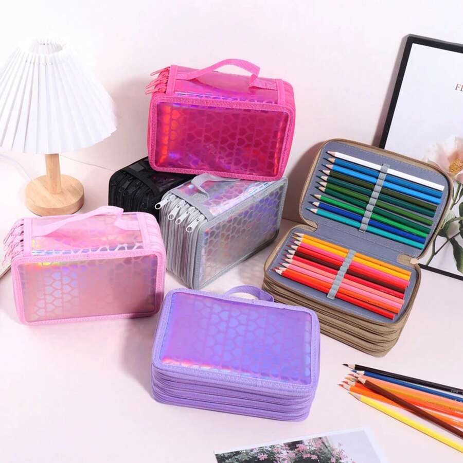 Estuche de lápices de cuatro capas con corazón brillante, bolsa de almacenamiento de papelería portátil y exquisita, estuche esencial para dibujar arte en la escuela - Negro - Ver 1