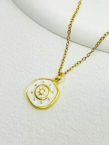 1pc Aço Inoxidável Golfinho & Branco Disco de Concha Pingente Colar, Adequado Para Uso Diário Feminino E Férias - Ouro amarelo - Ver 25