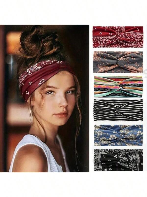 Sweatband 6pcs Boho Headband Set For Women - Pack Of 6, Bohemian Style Soft Stretchy Bandana Hair Bands, Polyester Hand Wash Hair Accessories For Yoga, Sports, And Daily Wear, Carnival/Mardi Gras/Masquerade Sport Hair Wrap