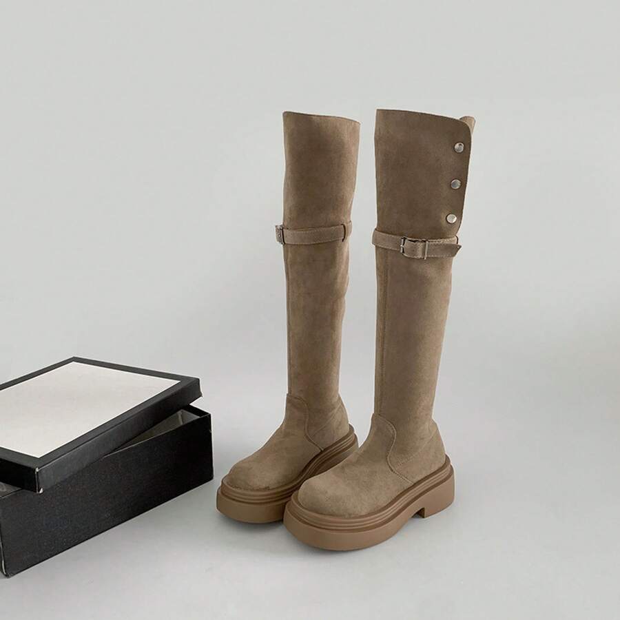 Women Over-The-Knee Boots - Khaki (thin Fleece) - View 1
