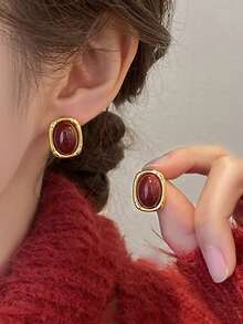 4 Pairs Retro Elegant Geometric Square Stud Earrings Set, Versatile & Fashionable Design Suitable For Women's Daily, Date, Holiday Wear - Burgundy - View 4