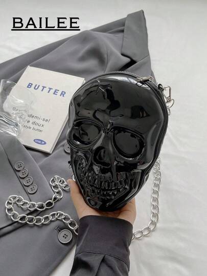BAILEE 1 Pieza Bolso de Mujer de Estilo Punk Personalizado y Temática de Halloween Elegante con Diseño de Calavera de unicolor de Silicona con Cierre de Cremallera y Cadena de Metal para Bolso Bandolera de Halloween, Fiesta Temática de Halloween y Regalo de Halloween