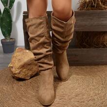 1 Paar schwarze Wildleder Plissee Stiefel bis zur Mitte des Wades, im Vintage Western Stil, weiches Wildledermaterial, geeignet für den täglichen Gebrauch, Musikfestivals, Jahreszeiten: Frühling, Herbst, Winter, einzigartiges Plissee-Design verleiht einen modischen Touch, kann mit Cowboyhut für einen stilvollen Look kombiniert werden.