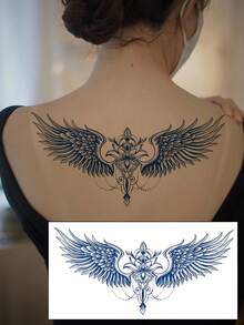 1 Waterproof And Non Reflective Wing Tattoo Sticker, Semi Permanent Plant-Based Temporary Tattoo, Cool Flying Wing, Flower, Chain Pattern, Easy To Play, Suitable For Women's Back And Chest Use, Lasting 7-14 Days, Essential For Party Music Festivals - Blue - View 4