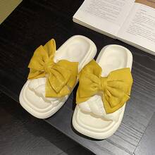 Women Home Slippers - White Background + Yellow Bow - View 2