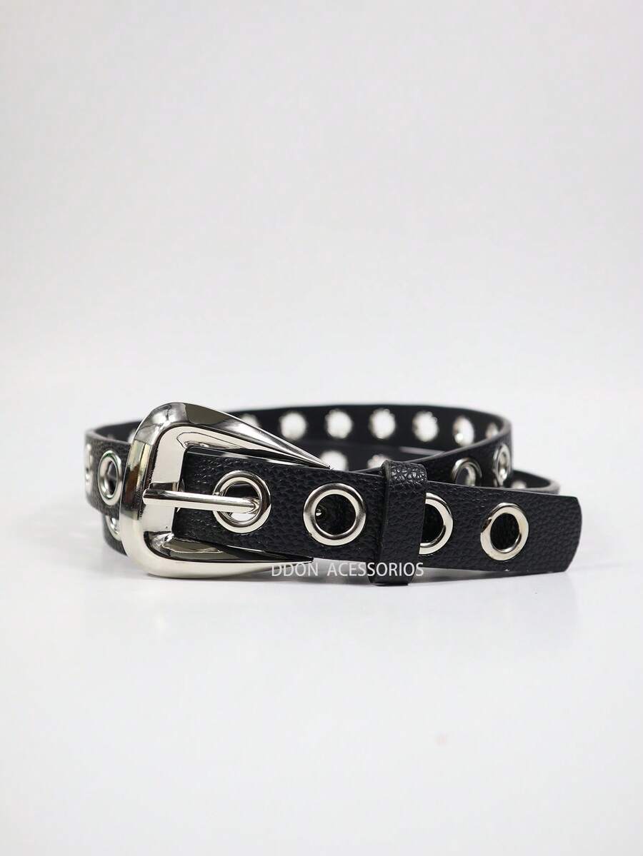 Cinto Feminino 2.3cm com Ilhós Metálicos e Fivela Estilosa - Preto - Visão 1