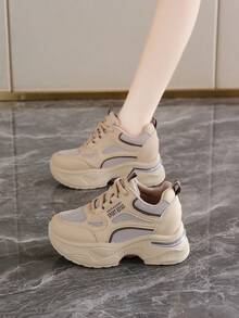 8厘米厚底穆勒运动鞋，复古风格休闲鞋，隐形坡跟，拉长腿部线条，舒适百搭，娇小女性必备单品 - 卡其色[網面版] - 查看 4