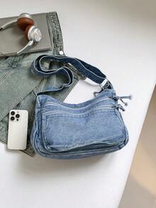 حقيبة كروس بودي كاجوال شيك ناعمة من الجينز متعددة الطبقات مع جيوب متعددة، حقيبة كتف نسائية كبيرة السعة متعددة الاستخدامات مناسبة للذهاب للعمل والتسوق والسفر