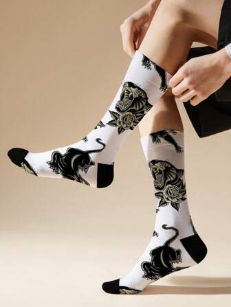 1/2/3 双 3D 男士印花中筒袜、豹纹中筒袜、时尚袜子、新颖袜子、花卉图案长袜、嘻哈袜、礼品袜、返校季、适合春、夏、秋、冬及任何场合！、秋季袜子