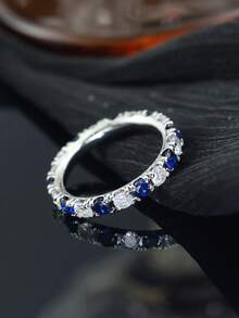1pc S925 Silver Fully Paved Unisex Ring, Decorated With Synthetic Blue Sapphire And Moissanite, Suitable For Daily Wear, Birthday, Father's Day, Mother's Day Gift - Bạc - Xem 2