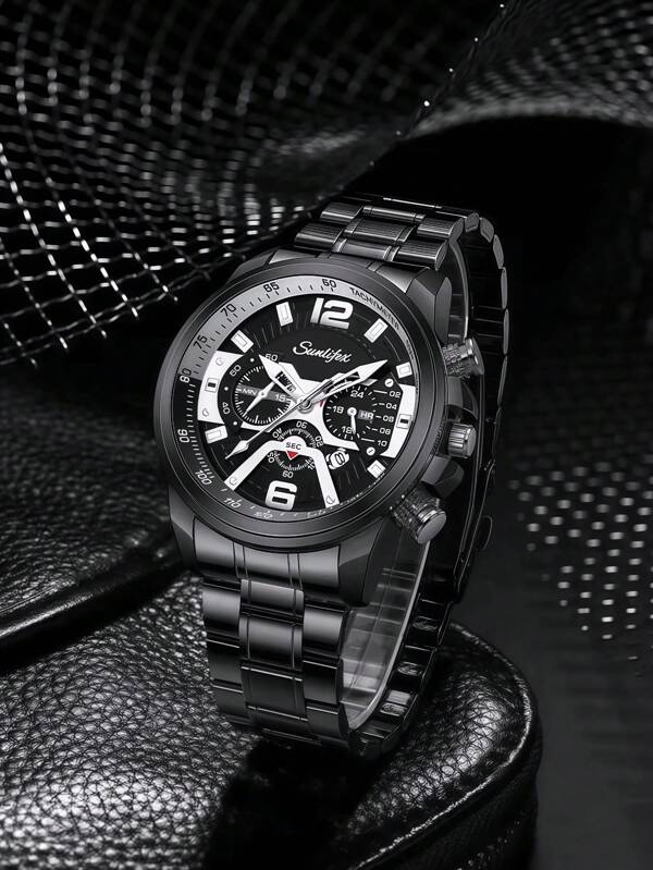1pc Round, Sporty, Casual, Black, Premium, Branded Men's Watch, Stainless Steel, Waterproof, Original Design, Luxury, Gift For Men, Suitable For Everyday Wear, Calendar Function,Round, Sporty, Casual, Black, Premium, Branded Men's Watch, Stainless Steel, Waterproof, Original Design, Luxury, Gift For Men, Suitable For Everyday Wear, Calendar Fdunction,Glow In The Dark