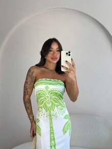 Women's Luxury Printed Strapless Dress With Midi Ribbed Slit - 綠色的 - 查看 4