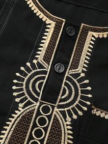 新款简约条纹长袍、阿巴雅伊斯兰宽松长袍、短袖刺绣穆斯林口袋长袍、休闲阿拉伯风格、男士传统甘杜拉祈祷休闲节日服装、优雅的斋月服装、优雅奢华的传统男士服装 - 黑色 - 查看 5