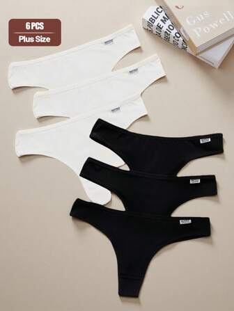 6pcs Plus Size Women's Underwear, Black & White Simple Sexy Breathable Low Waist Briefs & Thongs, Cotton