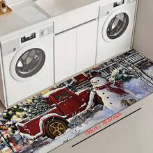 1pc Home Decor, Snowman & Christmas Tree Pattern Print, Christmas, Christmas Gift, Christmas Decoration, Diatomite Kitchen Carpet, Kitchen Mat, Rug, Rectangle Carpet, Suitable For Living Room, Bedroom, Hallway, Bathroom, Laundry Room - Polyester Carpet, Suitable For Indoor And Outdoor Home Decor