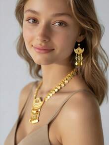 1套24K镀金锌合金中东风格镂空硬币流苏项链和耳环套装（女士） - 金色 - 查看 3