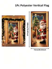 1pc Santa Claus Reindeer Door Cover, Santa Claus And Reindeer Giving Gifts Christmas Tree Pattern Polyester Door Cover, Suitable For Christmas Bedroom And Living Room Door And Window Decoration, Christmas Gifts, Christmas Decoration Items, Indoor And Outdoor Walls Decoration - Santa Claus Elk - View 2