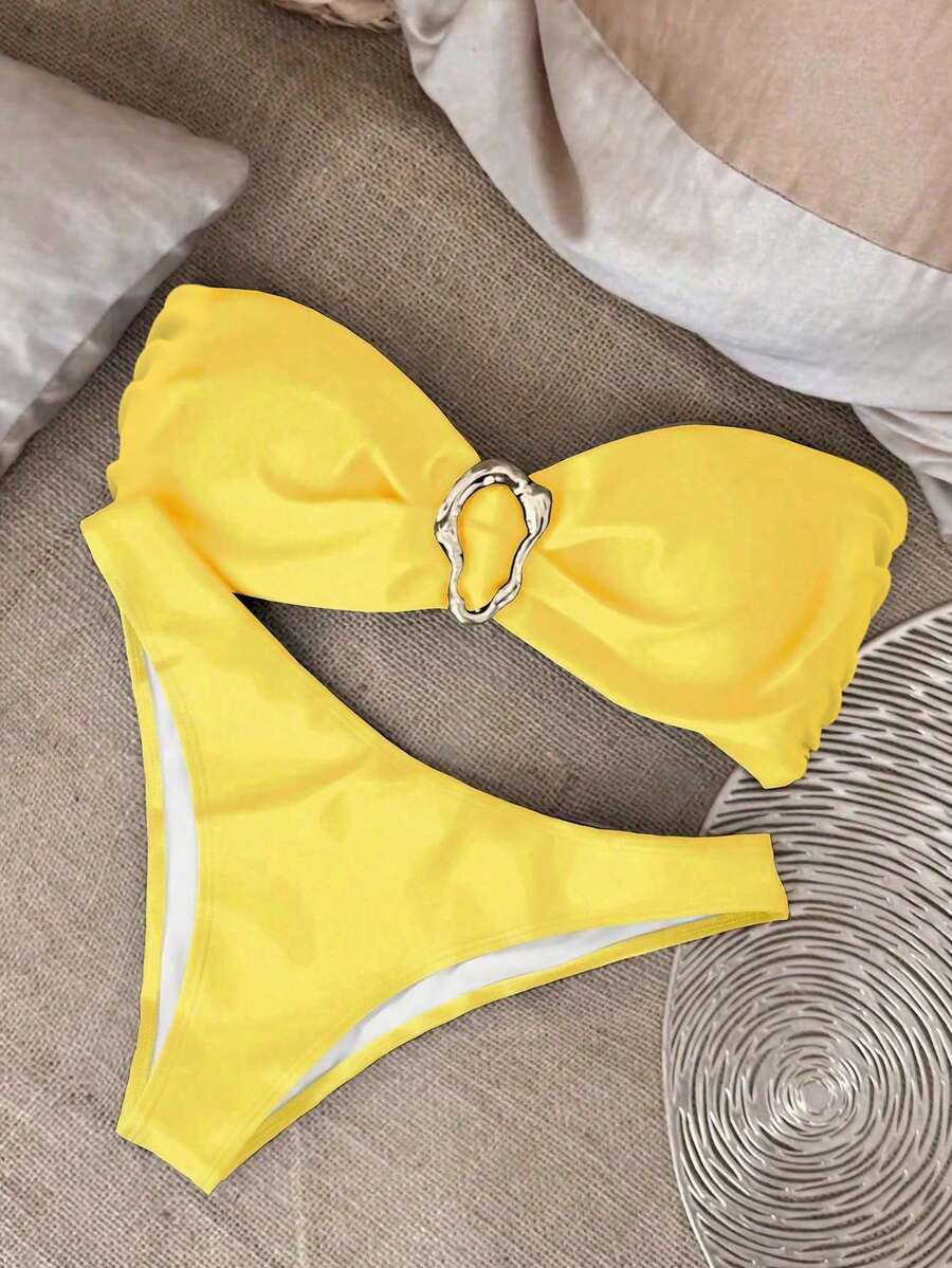 Polovedo Official Yellow Solid Color Sexy Elegant Casual Beach Holiday Party Date Strapless Bikini Set, Spring/Summer - Yellow - View 1
