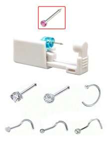 7 件/套一次性无菌鼻穿孔枪，包括氧化锆鼻钉和 6 种不同款式的鼻环，适用于美容自用穿孔工具和配件 - 彩色 - 查看 9